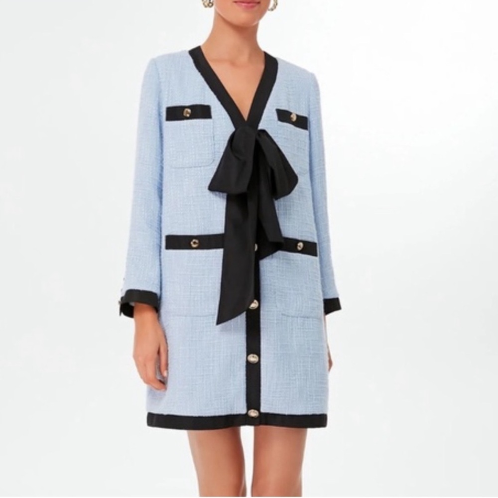 NWT Tuckernuck / Pommander Place Blue Coco Tweed Bow Dress Long Sleeve